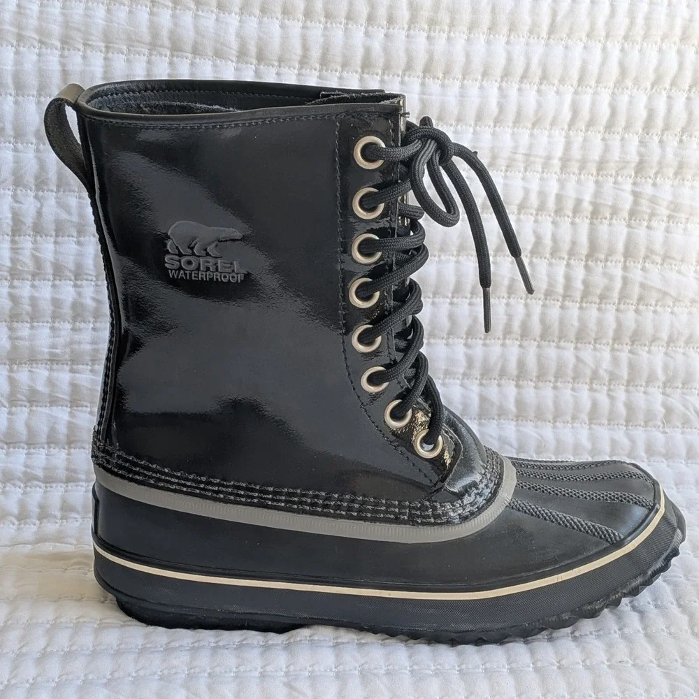 Sorel Dahlia Waterproof Patent Leather Mid Calf‎ Lace Up Snow Boots Black US 9